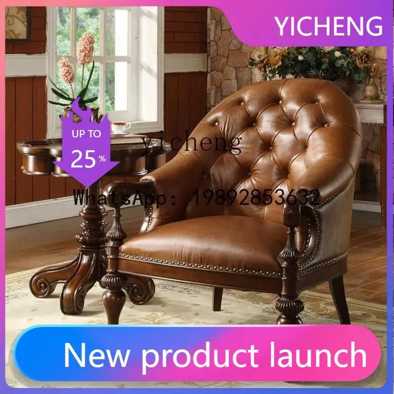 H5 retro solid wood single sofa chair living room casual light luxury leather armchair - PatioLix