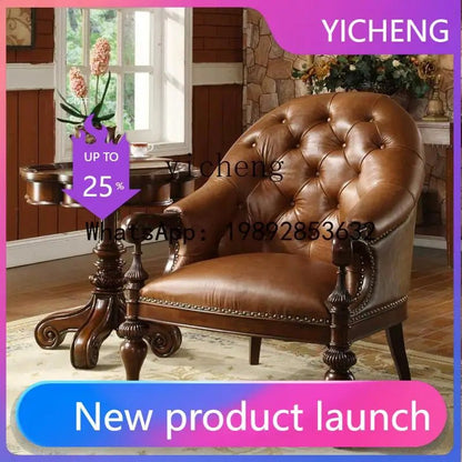 H5 retro solid wood single sofa chair living room casual light luxury leather armchair - PatioLix