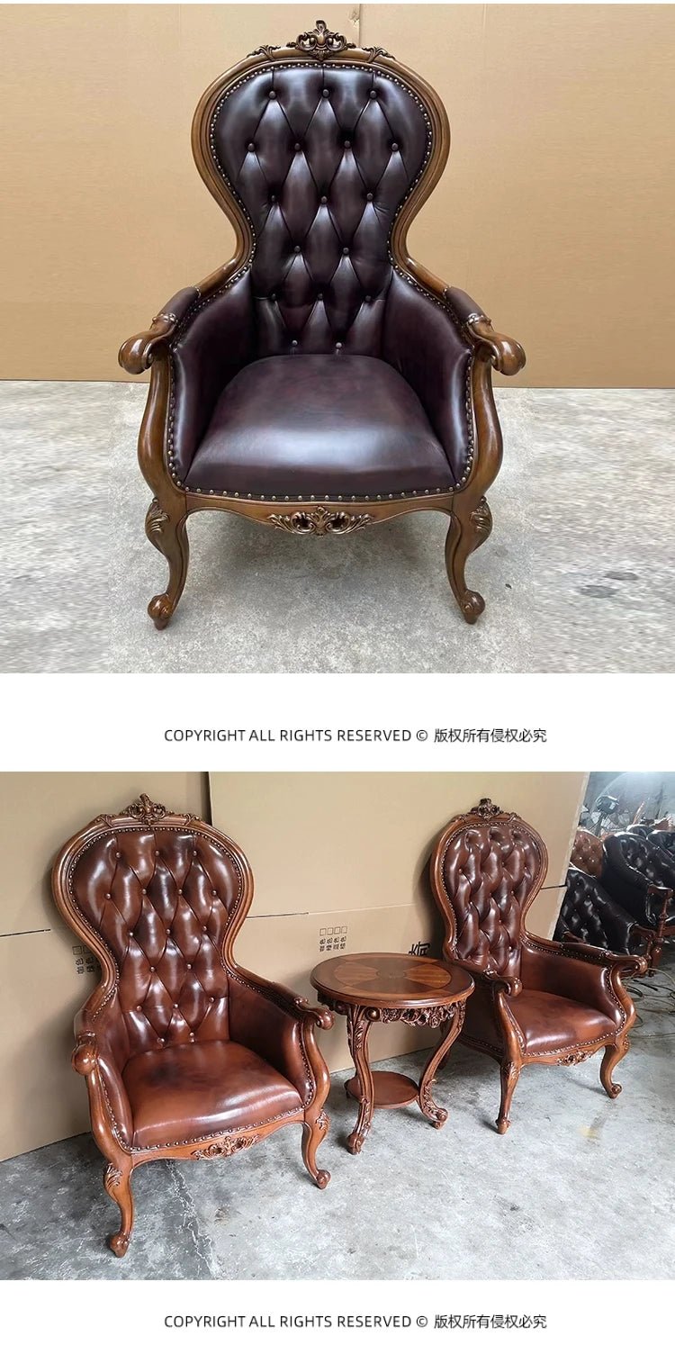 H5 retro solid wood single sofa chair living room casual light luxury leather armchair - PatioLix