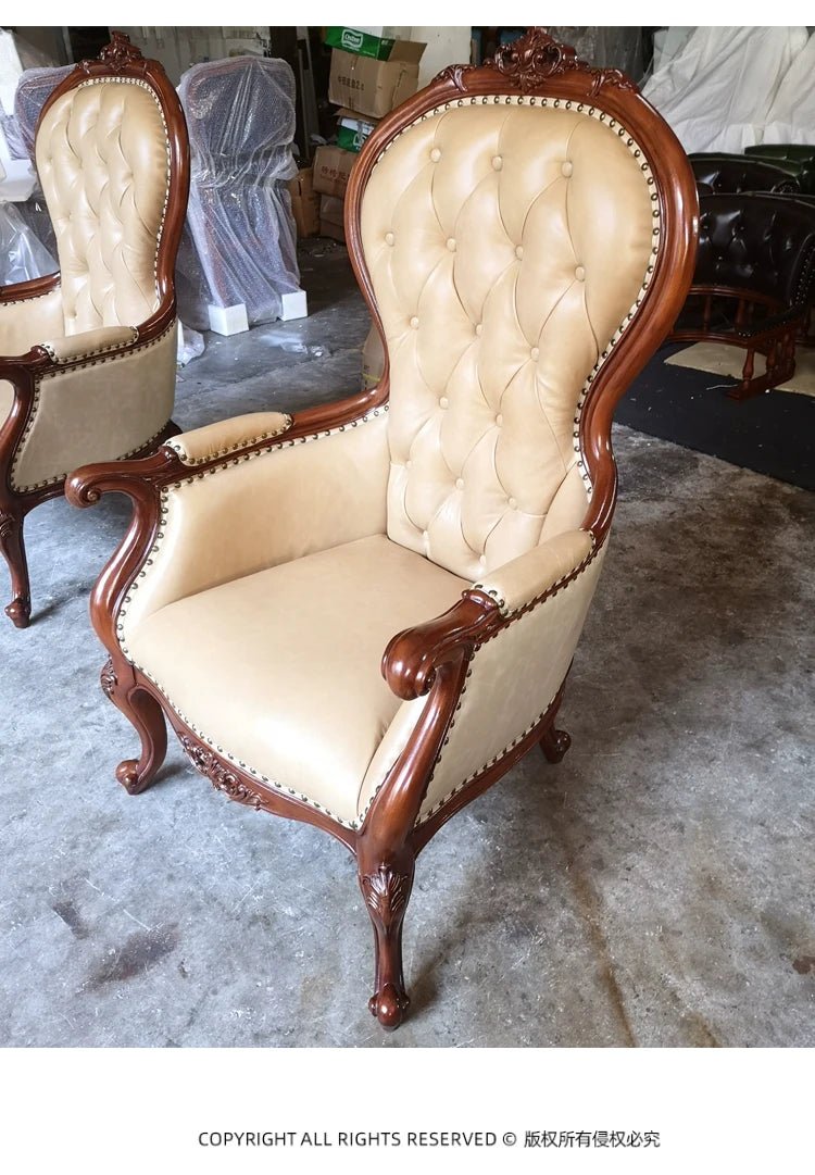 H5 retro solid wood single sofa chair living room casual light luxury leather armchair - PatioLix