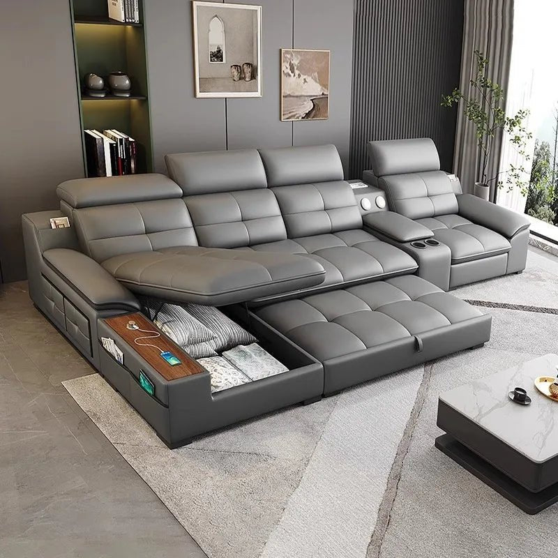 Leather sofa electric adjustable modern minimalist living room first layer leather sofa bed - PatioLix