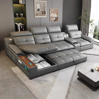 Leather sofa electric adjustable modern minimalist living room first layer leather sofa bed - PatioLix