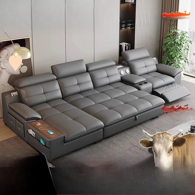 Leather sofa electric adjustable modern minimalist living room first layer leather sofa bed - PatioLix