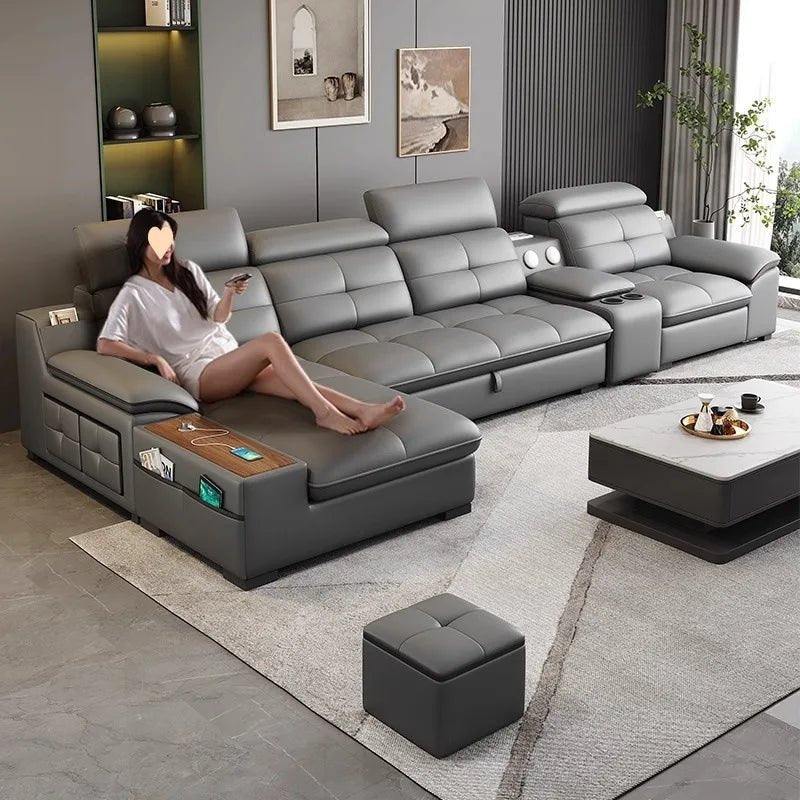Leather sofa electric adjustable modern minimalist living room first layer leather sofa bed - PatioLix