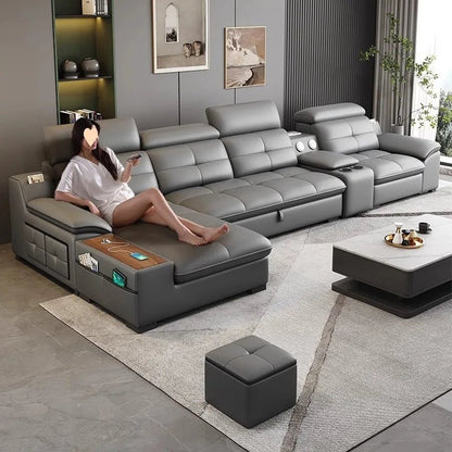 Leather sofa electric adjustable modern minimalist living room first layer leather sofa bed - PatioLix
