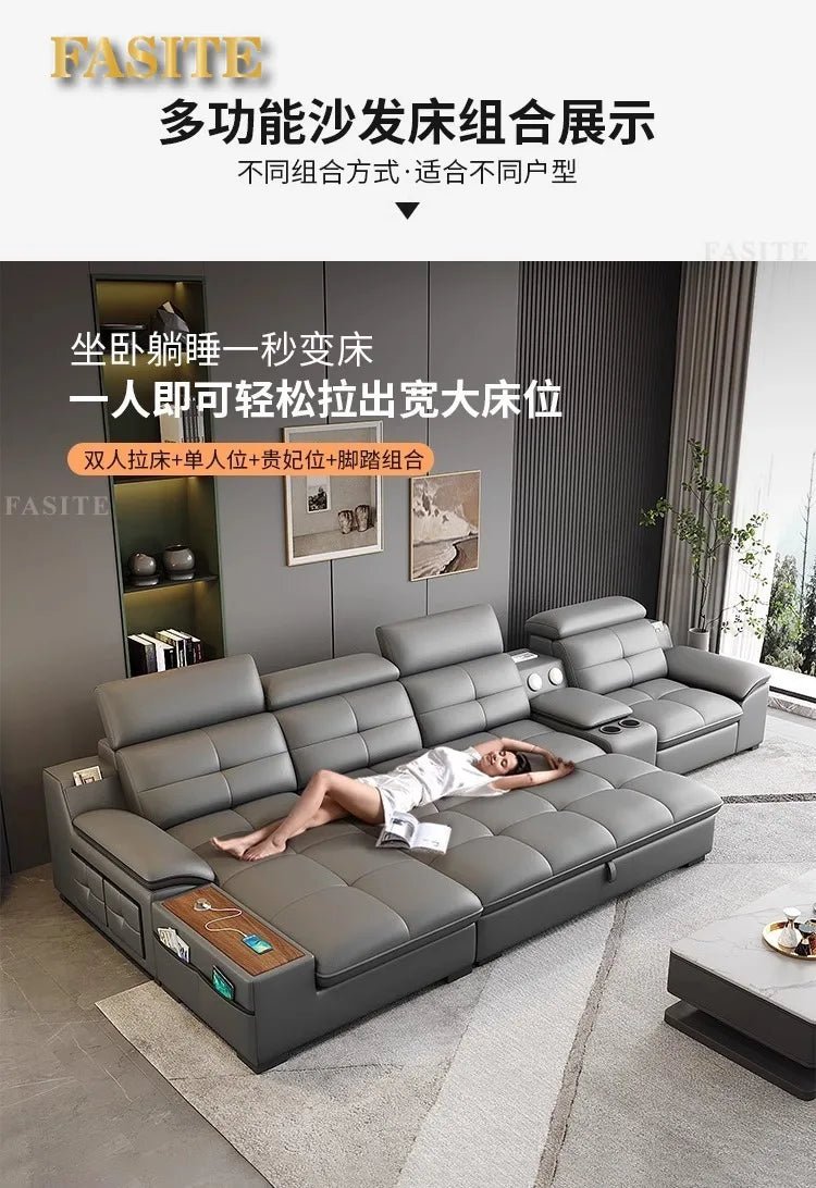 Leather sofa electric adjustable modern minimalist living room first layer leather sofa bed - PatioLix