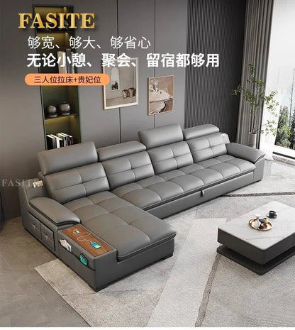Leather sofa electric adjustable modern minimalist living room first layer leather sofa bed - PatioLix