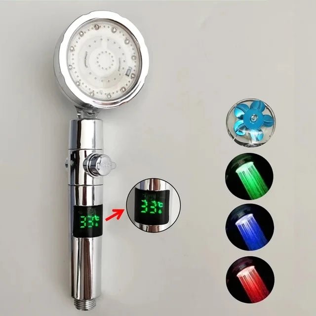 LED Digital Temperature Display Shower Head Temperature Control Colorful Fan Spray Nozzle High Pressure Rainfall Bathroom Shower - PatioLix
