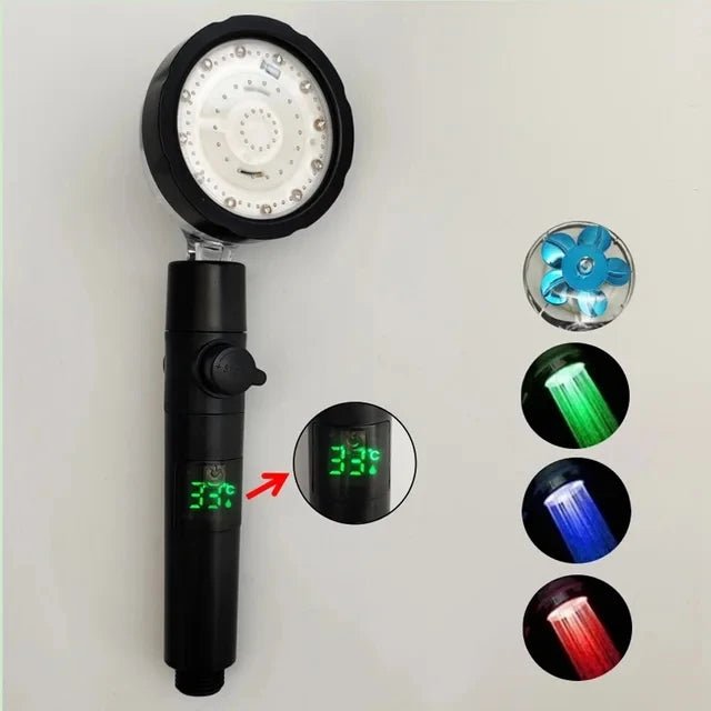 LED Digital Temperature Display Shower Head Temperature Control Colorful Fan Spray Nozzle High Pressure Rainfall Bathroom Shower - PatioLix