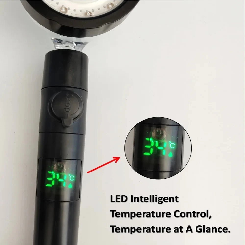 LED Digital Temperature Display Shower Head Temperature Control Colorful Fan Spray Nozzle High Pressure Rainfall Bathroom Shower - PatioLix