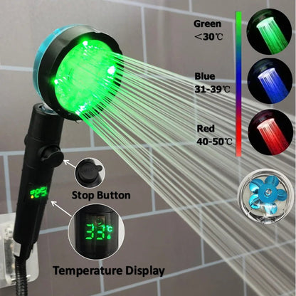 LED Digital Temperature Display Shower Head Temperature Control Colorful Fan Spray Nozzle High Pressure Rainfall Bathroom Shower - PatioLix