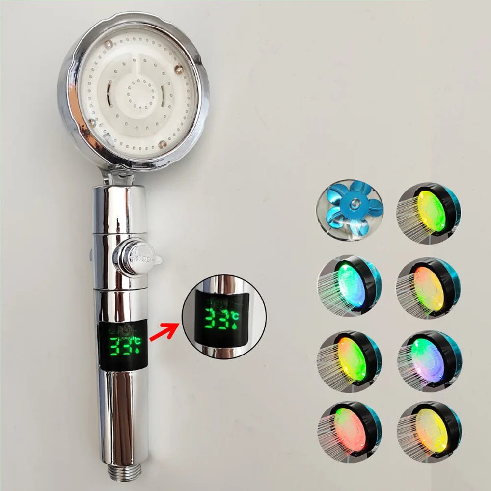 LED Digital Temperature Display Shower Head Temperature Control Colorful Fan Spray Nozzle High Pressure Rainfall Bathroom Shower - PatioLix
