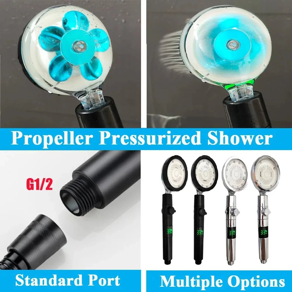 LED Digital Temperature Display Shower Head Temperature Control Colorful Fan Spray Nozzle High Pressure Rainfall Bathroom Shower - PatioLix