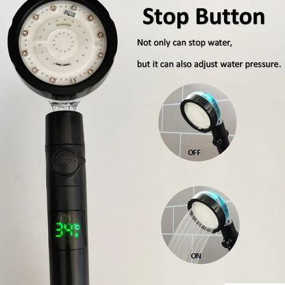 LED Digital Temperature Display Shower Head Temperature Control Colorful Fan Spray Nozzle High Pressure Rainfall Bathroom Shower - PatioLix