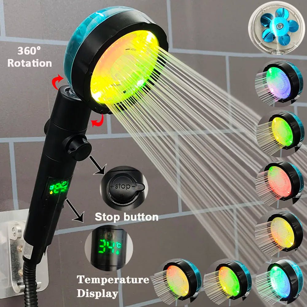 LED Digital Temperature Display Shower Head Temperature Control Colorful Fan Spray Nozzle High Pressure Rainfall Bathroom Shower - PatioLix