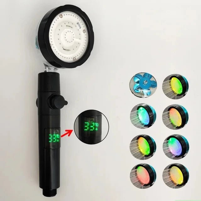 LED Digital Temperature Display Shower Head Temperature Control Colorful Fan Spray Nozzle High Pressure Rainfall Bathroom Shower - PatioLix