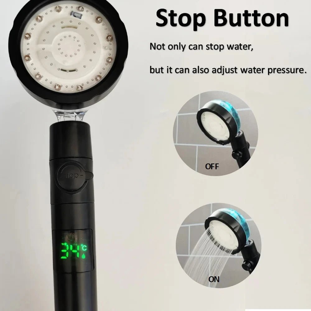 LED Digital Temperature Display Shower Head Temperature Control Colorful Fan Spray Nozzle High Pressure Rainfall Bathroom Shower - PatioLix