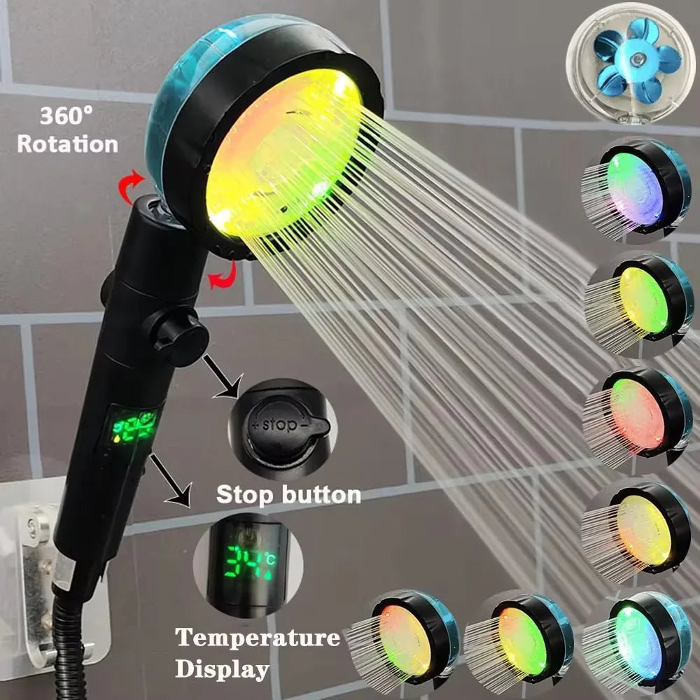 LED Digital Temperature Display Shower Head Temperature Control Colorful Fan Spray Nozzle High Pressure Rainfall Bathroom Shower - PatioLix
