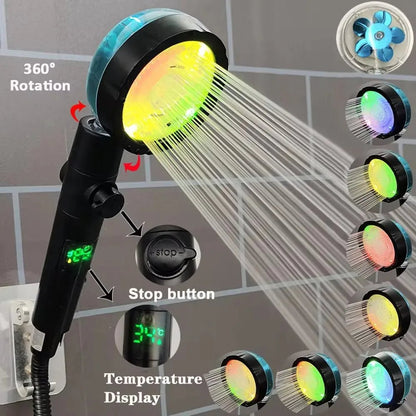 LED Digital Temperature Display Shower Head Temperature Control Colorful Fan Spray Nozzle High Pressure Rainfall Bathroom Shower - PatioLix