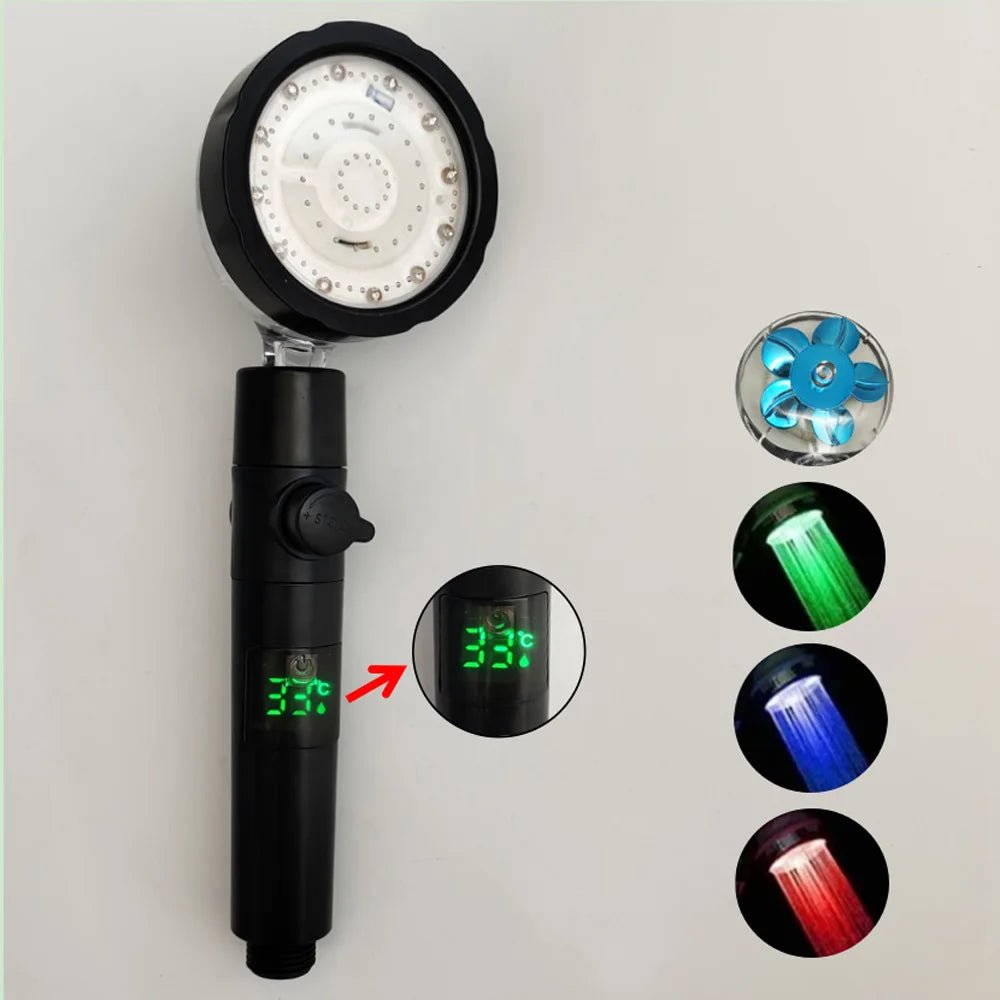 LED Digital Temperature Display Shower Head Temperature Control Colorful Fan Spray Nozzle High Pressure Rainfall Bathroom Shower - PatioLix