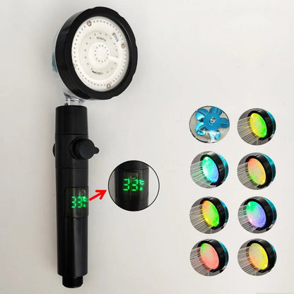 LED Digital Temperature Display Shower Head Temperature Control Colorful Fan Spray Nozzle High Pressure Rainfall Bathroom Shower - PatioLix
