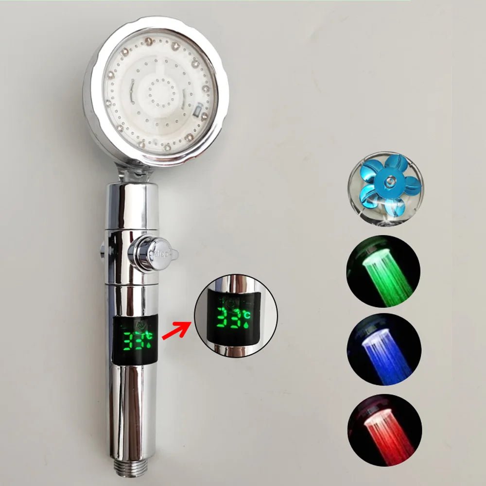 LED Digital Temperature Display Shower Head Temperature Control Colorful Fan Spray Nozzle High Pressure Rainfall Bathroom Shower - PatioLix