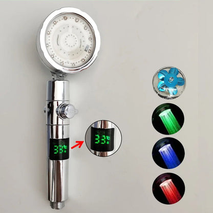 LED Digital Temperature Display Shower Head Temperature Control Colorful Fan Spray Nozzle High Pressure Rainfall Bathroom Shower - PatioLix