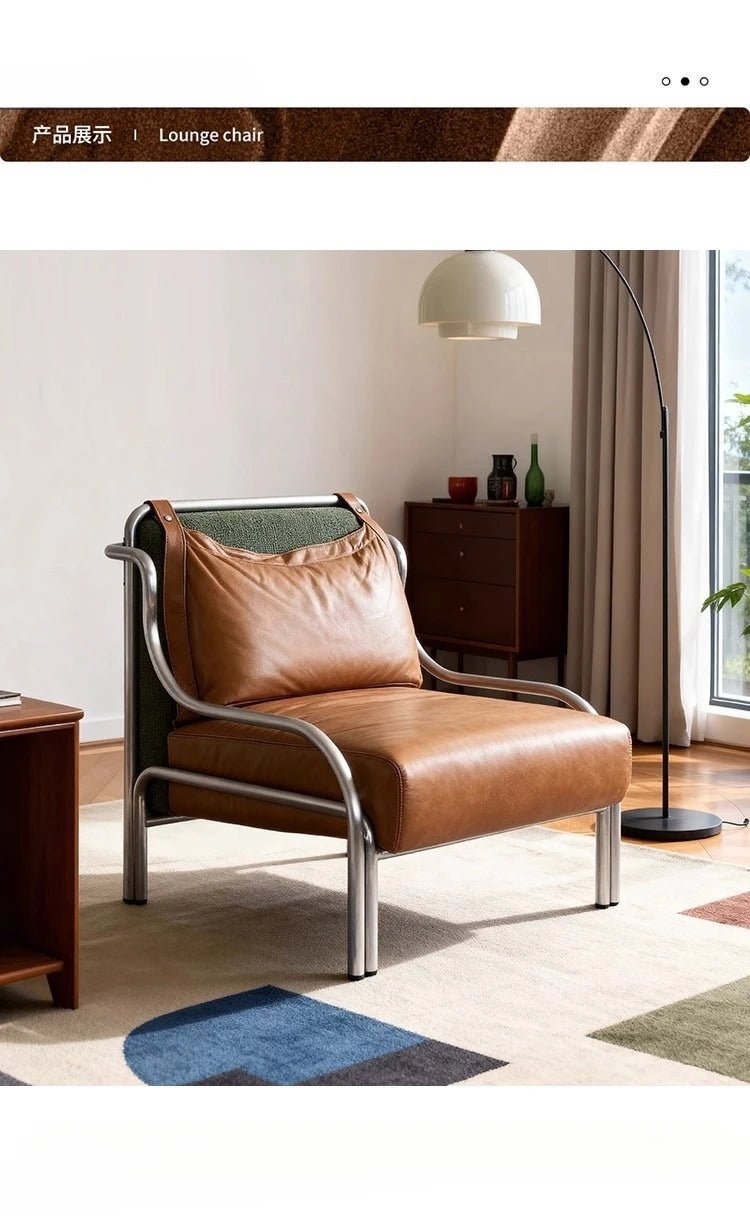 Mid - style leather single sofa lounge chair stainless steel brown leather art c hair - PatioLix