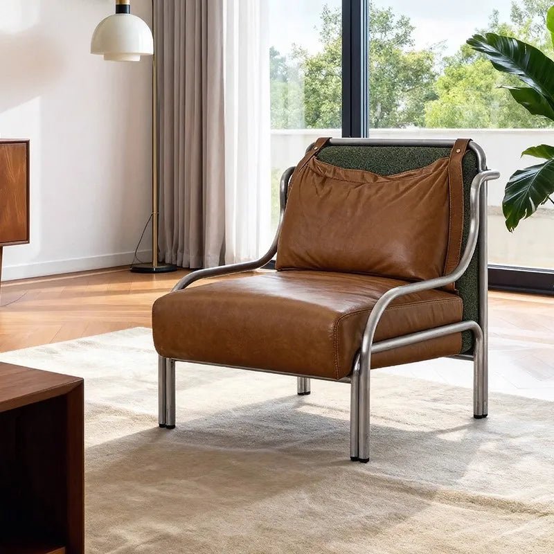 Mid - style leather single sofa lounge chair stainless steel brown leather art c hair - PatioLix