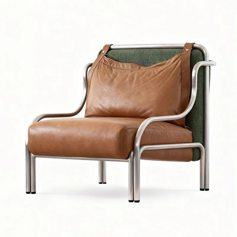 Mid - style leather single sofa lounge chair stainless steel brown leather art c hair - PatioLix