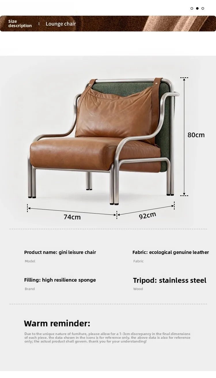 Mid - style leather single sofa lounge chair stainless steel brown leather art c hair - PatioLix