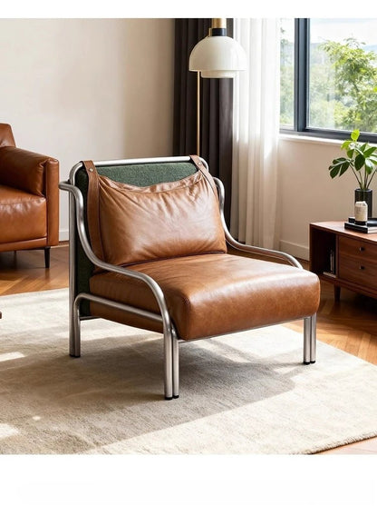 Mid - style leather single sofa lounge chair stainless steel brown leather art c hair - PatioLix
