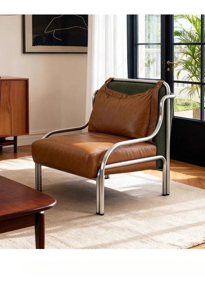 Mid - style leather single sofa lounge chair stainless steel brown leather art c hair - PatioLix