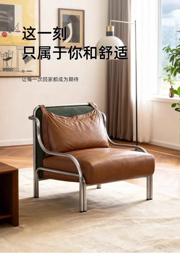 Mid - style leather single sofa lounge chair stainless steel brown leather art c hair - PatioLix