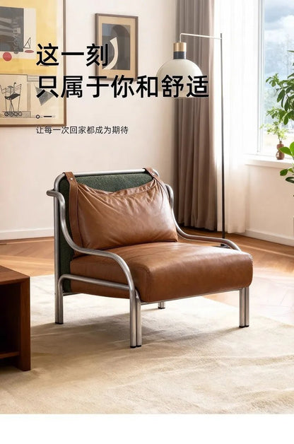 Mid - style leather single sofa lounge chair stainless steel brown leather art c hair - PatioLix