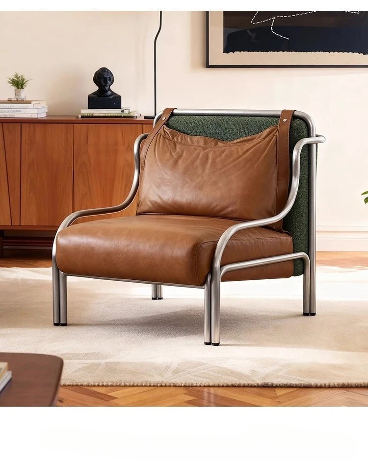 Mid - style leather single sofa lounge chair stainless steel brown leather art c hair - PatioLix