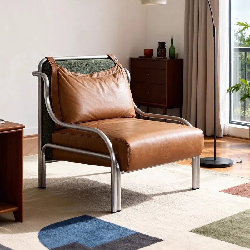 Mid - style leather single sofa lounge chair stainless steel brown leather art c hair - PatioLix