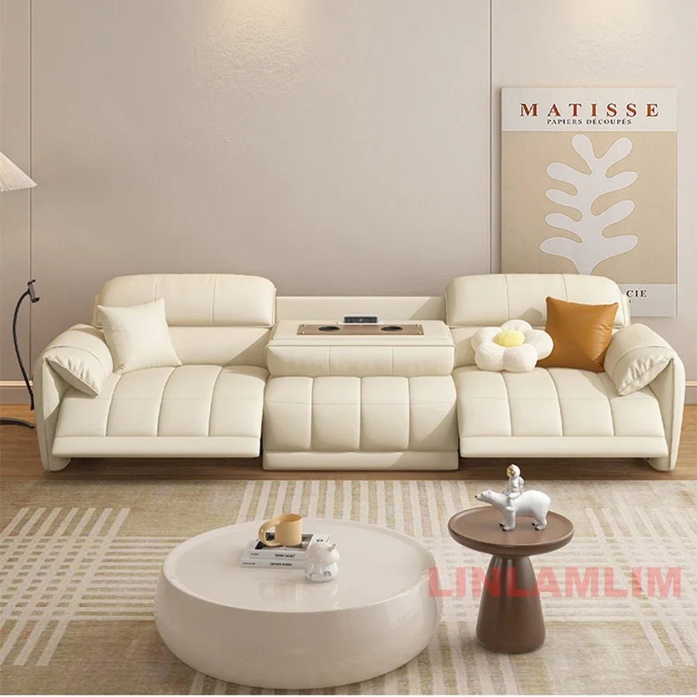 Modern Electric Reclining Sofa with Adjustable Footrest, USB, and Foldable Center Console – Italian Genuine Leather Power Sofa - PatioLix