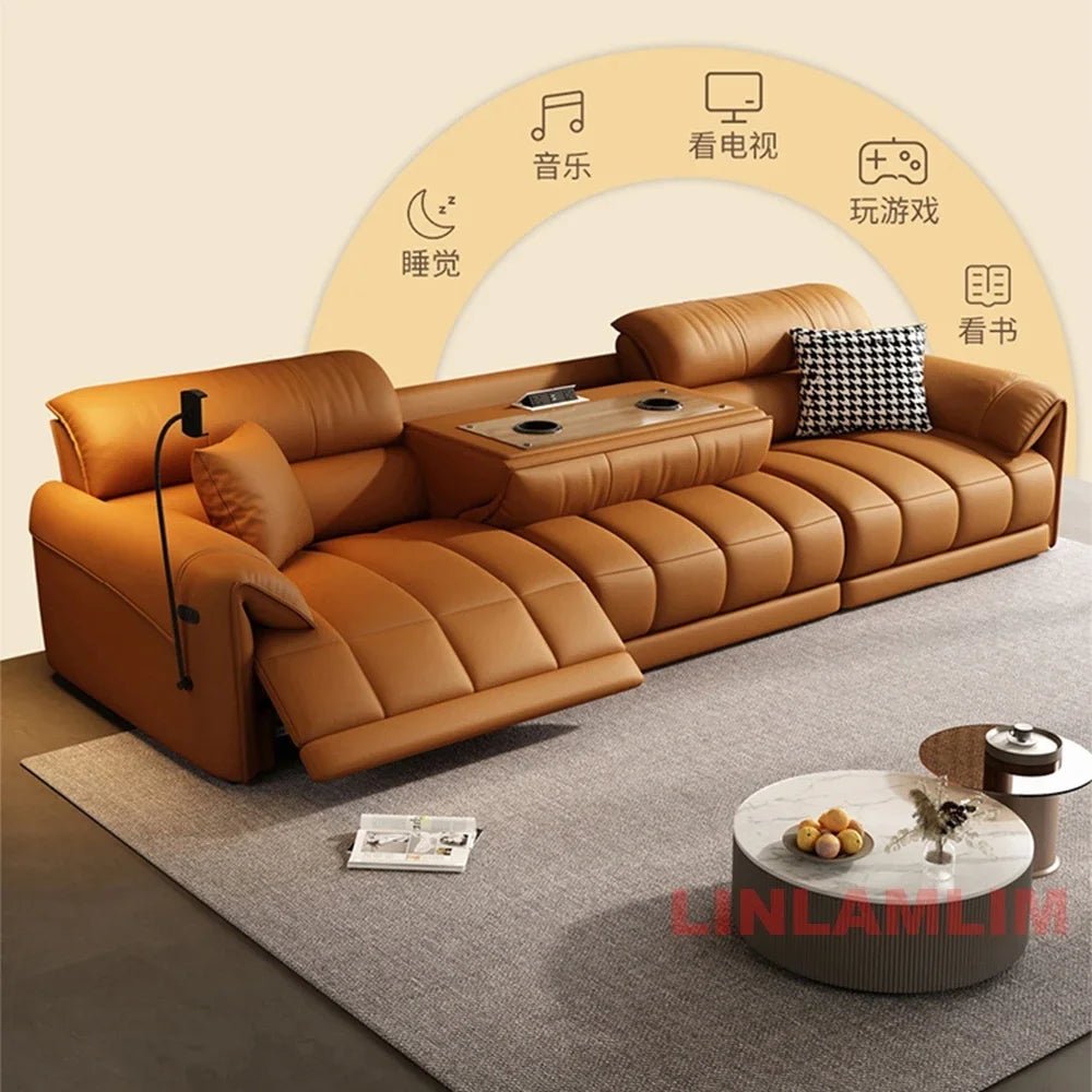 Modern Electric Reclining Sofa with Adjustable Footrest, USB, and Foldable Center Console – Italian Genuine Leather Power Sofa - PatioLix