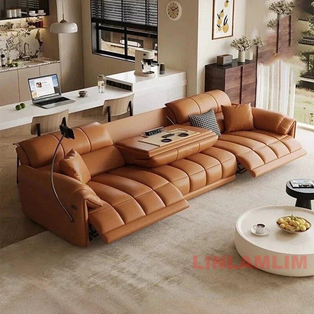 Modern Electric Reclining Sofa with Adjustable Footrest, USB, and Foldable Center Console – Italian Genuine Leather Power Sofa - PatioLix