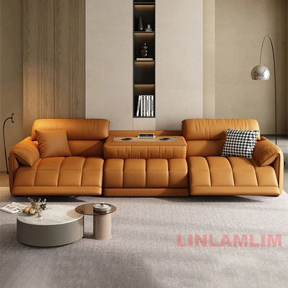 Modern Electric Reclining Sofa with Adjustable Footrest, USB, and Foldable Center Console – Italian Genuine Leather Power Sofa - PatioLix