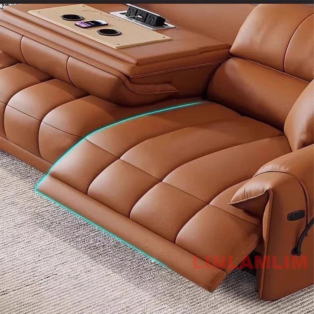 Modern Electric Reclining Sofa with Adjustable Footrest, USB, and Foldable Center Console – Italian Genuine Leather Power Sofa - PatioLix