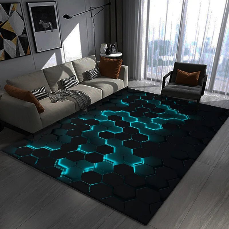 Modern Hexagon LED Effect Rug Futuristic Blue Light Floor Mat For Living Room Decor - PatioLix