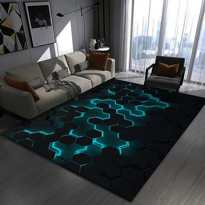 Modern Hexagon LED Effect Rug Futuristic Blue Light Floor Mat For Living Room Decor - PatioLix