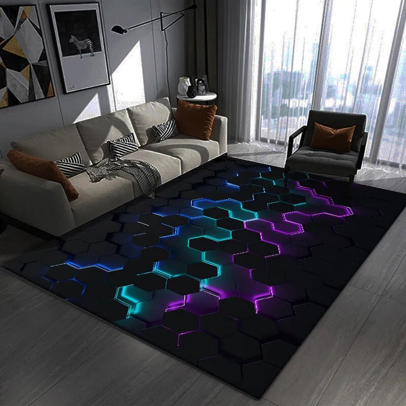Modern Hexagon LED Effect Rug Futuristic Blue Light Floor Mat For Living Room Decor - PatioLix
