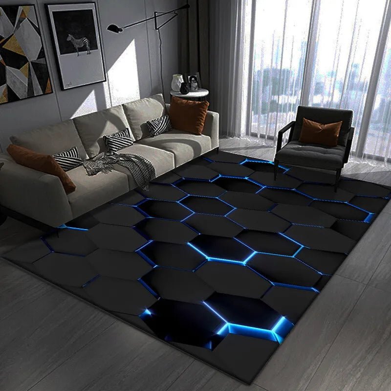 Modern Hexagon LED Effect Rug Futuristic Blue Light Floor Mat For Living Room Decor - PatioLix