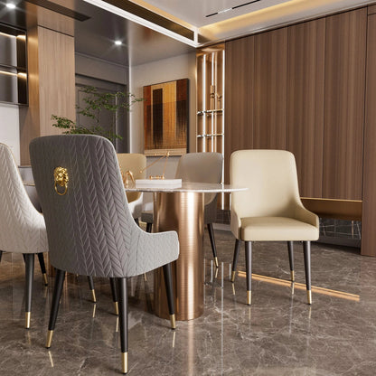 Modern PU Leather Set of 2 Dining Chairs with Metal Legs High Tufted Back Lion Head Pull Ring - PatioLix