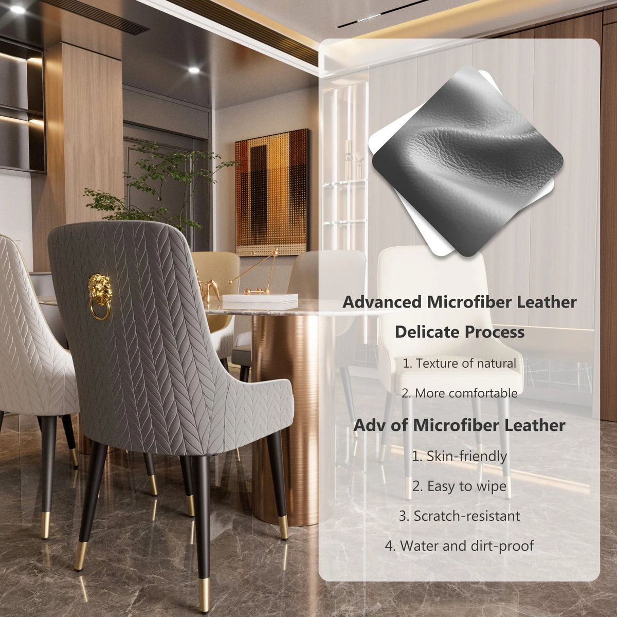 Modern PU Leather Set of 2 Dining Chairs with Metal Legs High Tufted Back Lion Head Pull Ring - PatioLix