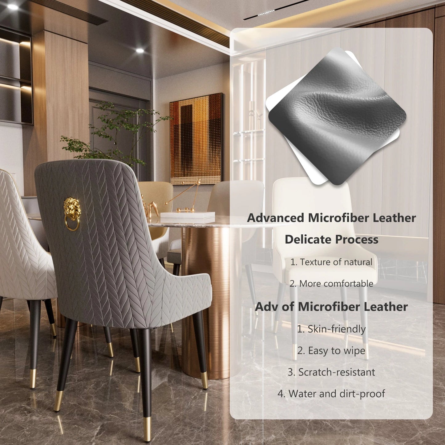 Modern PU Leather Set of 2 Dining Chairs with Metal Legs High Tufted Back Lion Head Pull Ring - PatioLix