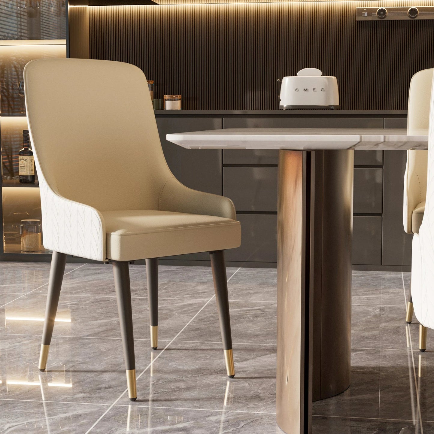 Modern PU Leather Set of 2 Dining Chairs with Metal Legs High Tufted Back Lion Head Pull Ring - PatioLix